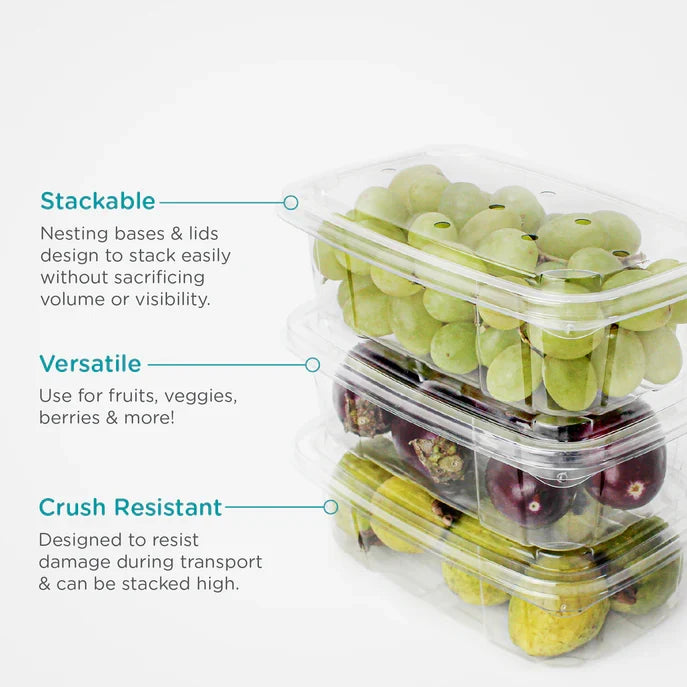 Vented clamshells stacked on top of each other with product information.