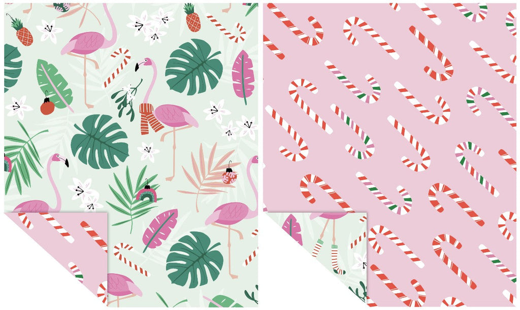 Flamingos & Candy Cane Wrapping Paper | 3 Sheets & Gift Tags