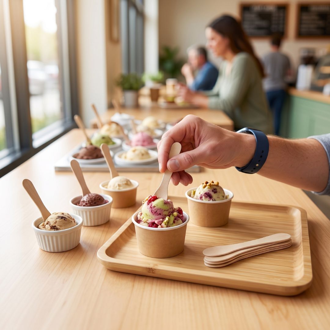 A close-up of a hand holding a wooden spoon and eating a scoop of colorful berry ice cream from a small paper cup on a wooden tray, with other ice cream cups and blurred people in a cafe background.
