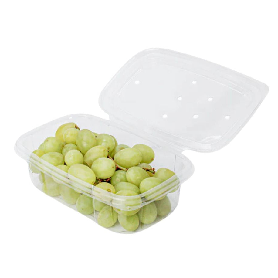 A clear top-vented clamshell package filled with green grapes, featuring a snap closure.