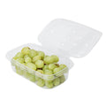 A clear top-vented clamshell package filled with green grapes, featuring a snap closure.