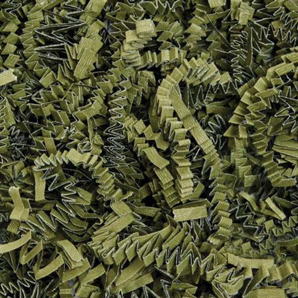Close-up of olive green shredded paper filler with a textured zigzag pattern.