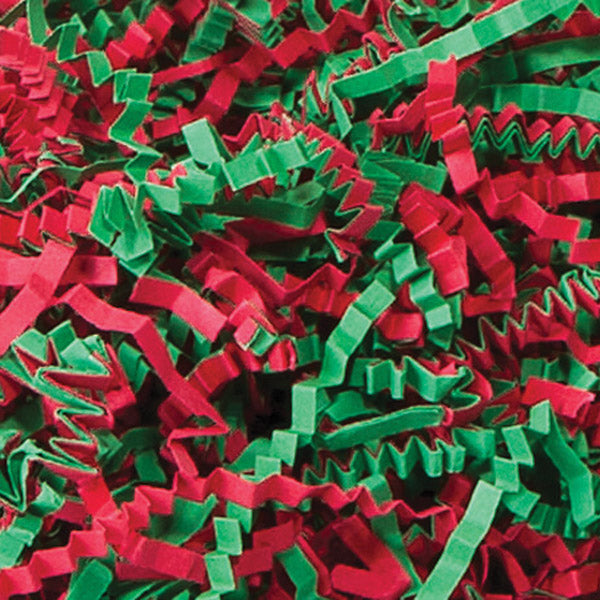 Recyclable red and green crinkled paper shreds