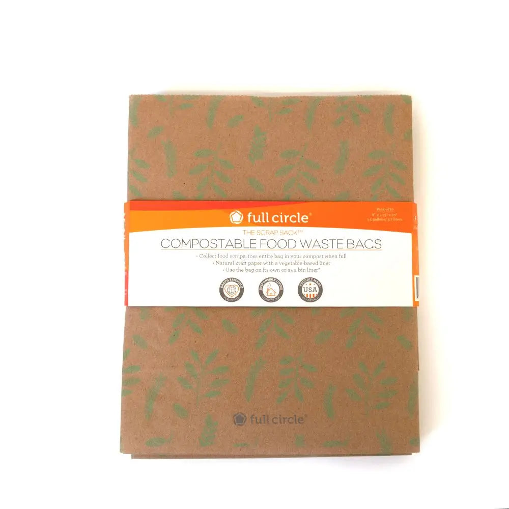 Pack of compostable food waste bags with 'full circle' branding on a white background