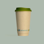 Compostable coffee cup with green lid on a light gray background