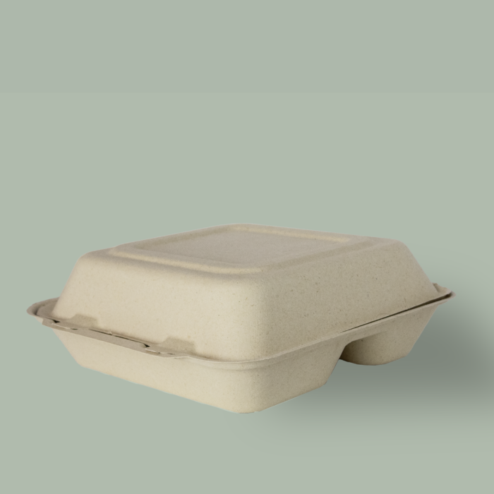Closed compostable fiber clamshell with 3 compartments on a plain background.