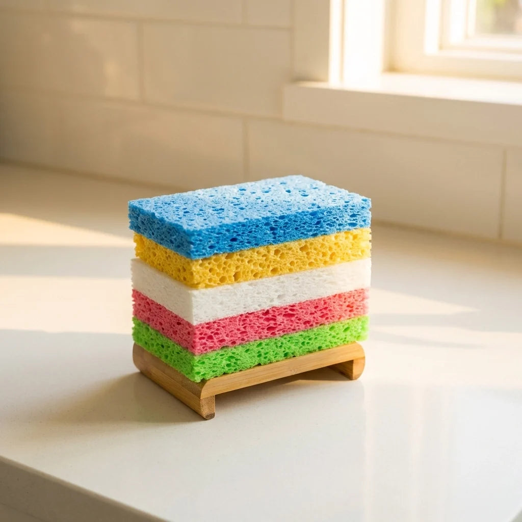 Colorful sponges stacked on a wooden stand in a kitchen setting