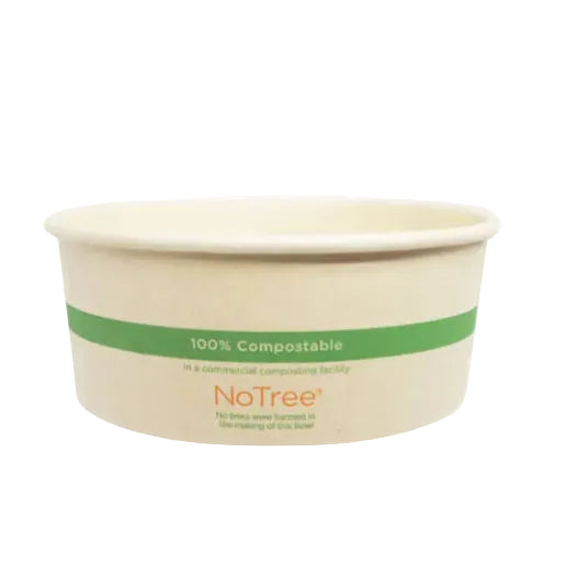 Compostable paper bowl with a green stripe and 'NoTree' branding on a white background