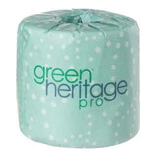 Roll of green heritage pro toilet paper on a white background