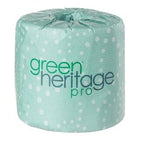 Roll of green heritage pro toilet paper on a white background
