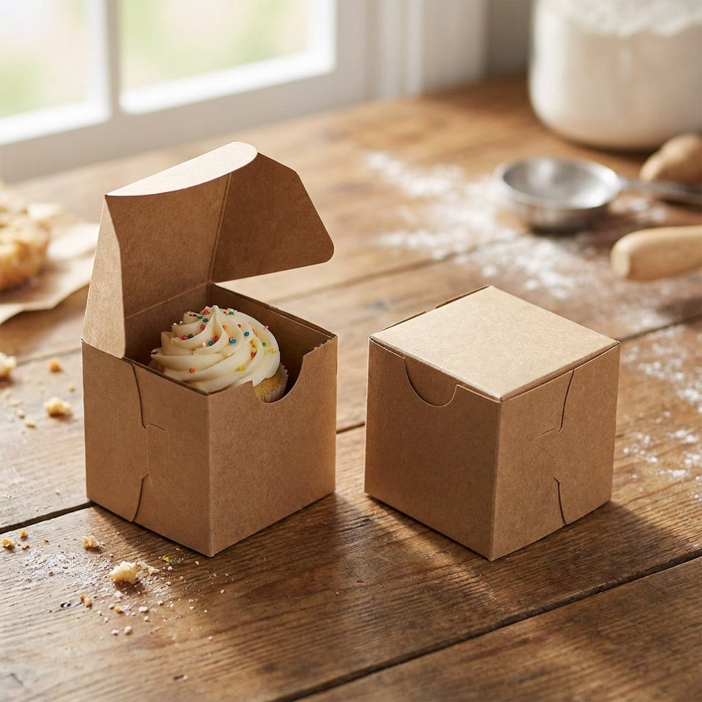 2.5x2.5x2.5 inch Brown Lock and Tab Bakery Box holding a frosted mini cupcake on a rustic bakery table