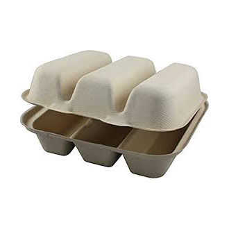 An open clamshell-style taco box made of natural plant fiber with three compartments.