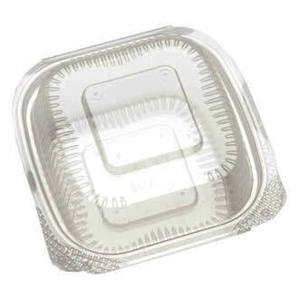 Clear disposable clamshell with hinged clear lid on a white background