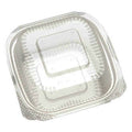 Clear disposable clamshell with hinged clear lid on a white background
