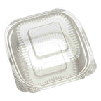 Clear disposable clamshell with hinged clear lid on a white background