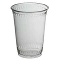 Clear compostable plastic cup with textured rim on a white background