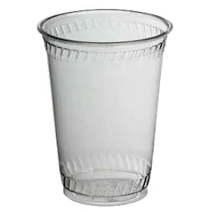 Clear compostable plastic cup with textured rim on a white background