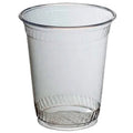 Clear compostable plastic cup with ribbed design on a white background