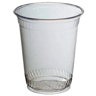 Clear compostable plastic cup with ribbed design on a white background