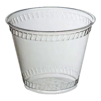 Clear compostable cup with ribbed texture on a white background