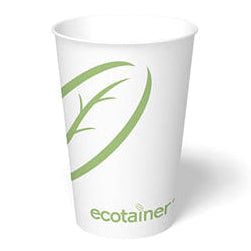 White paper cup with green leaf design and 'ecotainer' branding on a white background