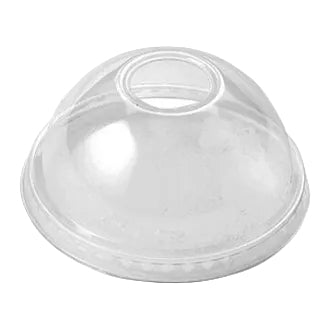 Clear plastic dome lid with a hole on a white background