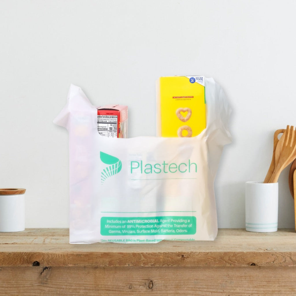 Plastech bag on a wooden shelf with kitchen items in the background