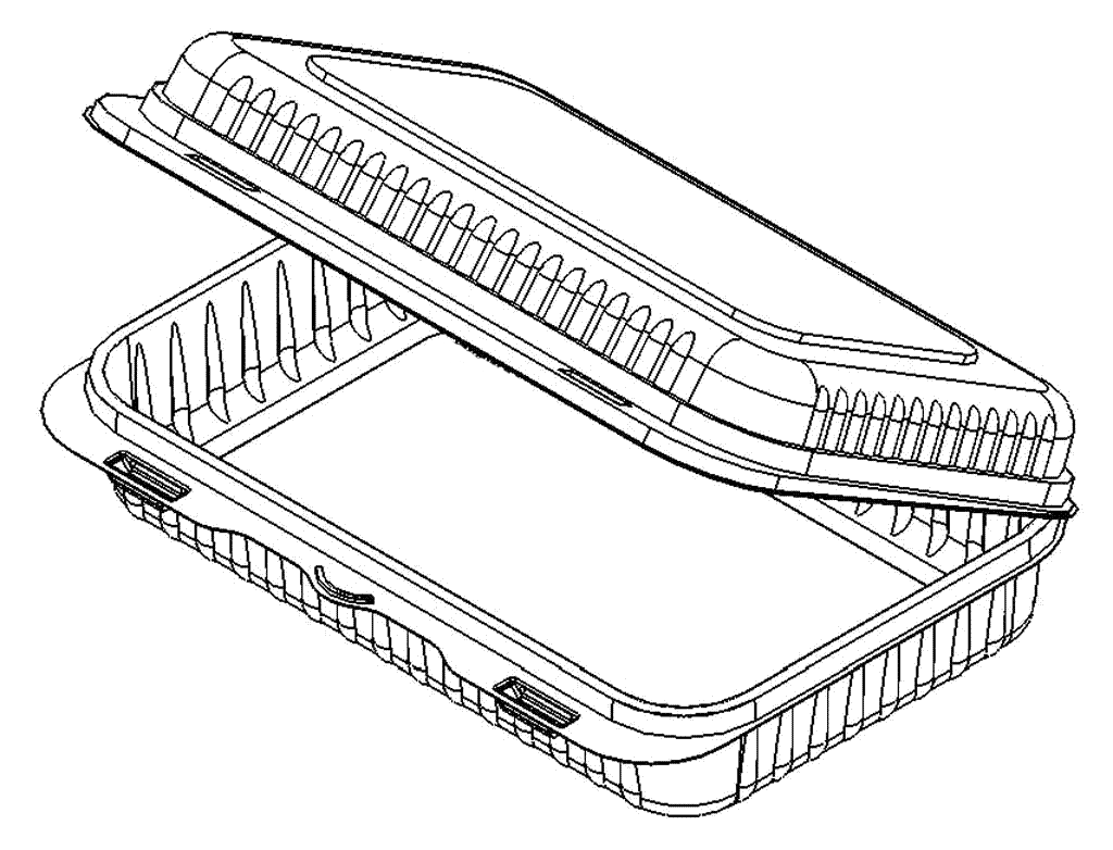 Technical drawing of a clear clamshell on a plain white background.