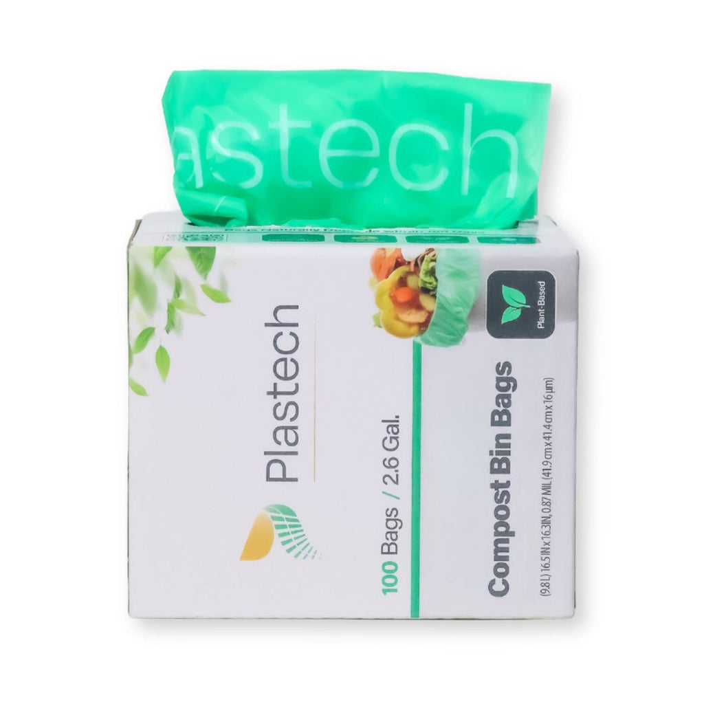 Plastech home compostable garbage bin bags packaging on a white background