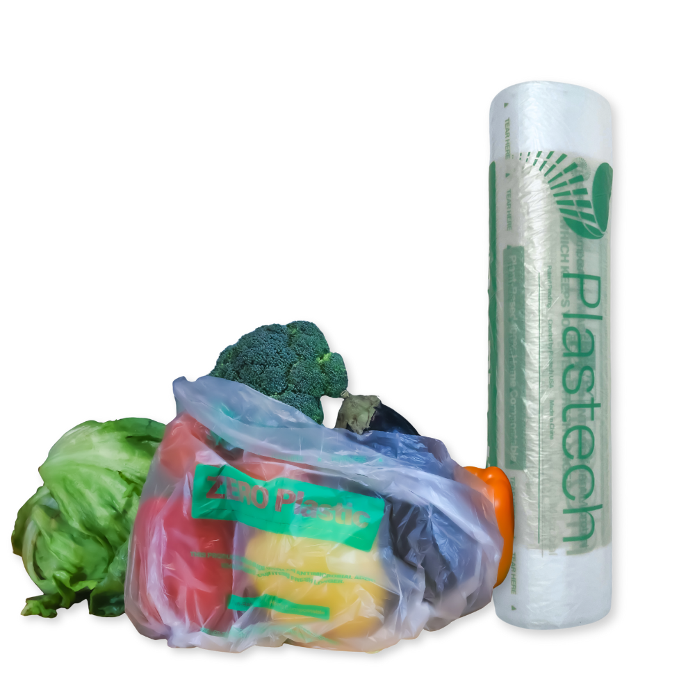 Plastech produce bags with vegetables on a white background