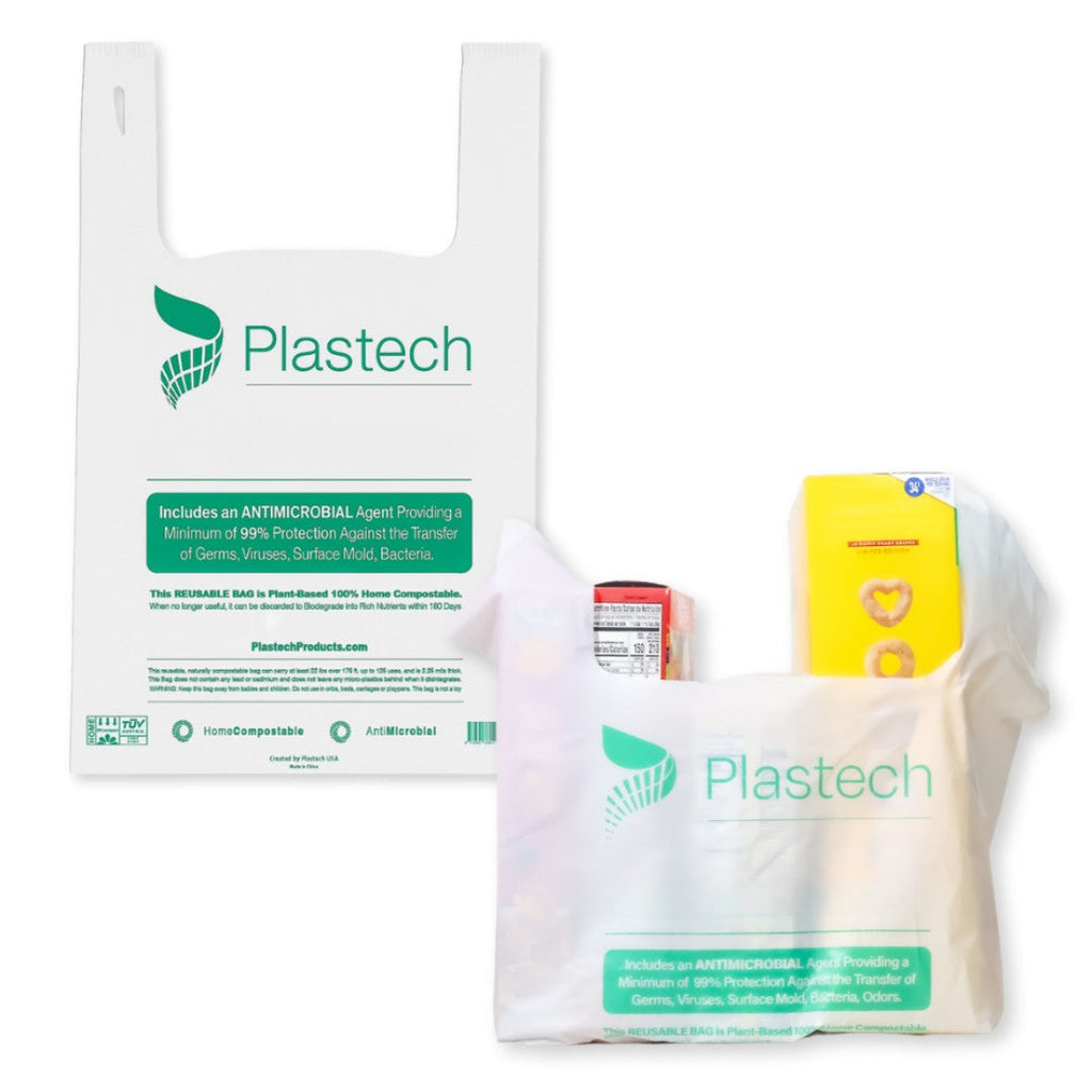 Plastech bags with visible branding on a white background