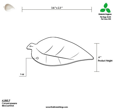 Diagram with dimensions of a small leaf-shaped plate for appetizers.