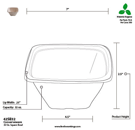 Dimensions and drawing of a compostable fiber bowl.