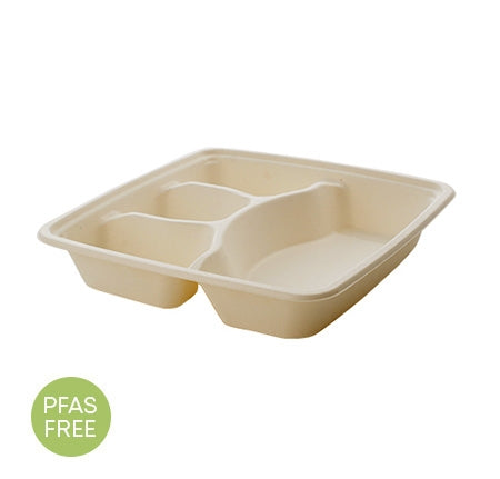9" Fiber Square Tray | 4 Compartment | Tan | Case of 200