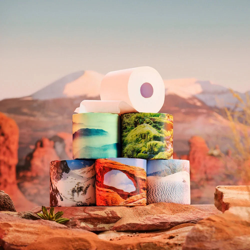 A stack of toilet paper rolls printed with colorful landscape photography, including red rock canyons, green hills, and snowy mountains, set outdoors on a rocky desert surface with a warm sunset sky in the background.