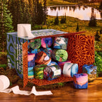 A box of colorful rolled toilet paper with a matching roll on top, styled on a wooden surface with a forest and lake landscape backdrop. The packaging features bold orange, blue, green, and pink patterns, and the toilet paper rolls also display vibrant scenic prints.