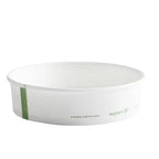 White bowl with green text on a white background