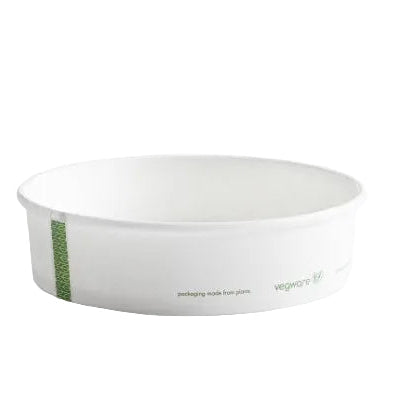 White bowl with green text on a white background