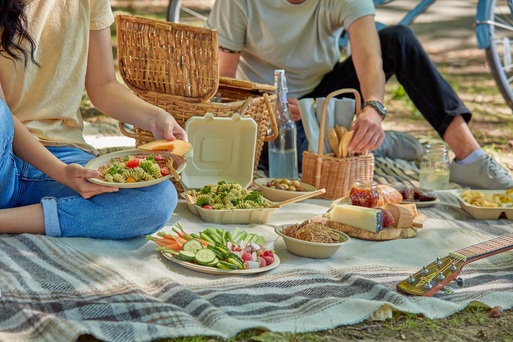Compostable tableware including plates, clamshells, and bowls, being used at a picnic.
