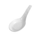 A single white disposable Asian spoon with a flat bottom and solid pattern.
